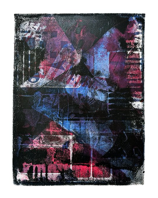 An abstract mixed-media artwork featuring a textured, dark background layered with geometric shapes and expressive brushstrokes in deep blues, purples, and magenta-red tones.