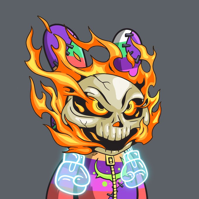 A cartoon illustration of a skull with flaming orange and yellow hair, wearing a purple jacket with mismatched sneakers on its head, against a gray background.