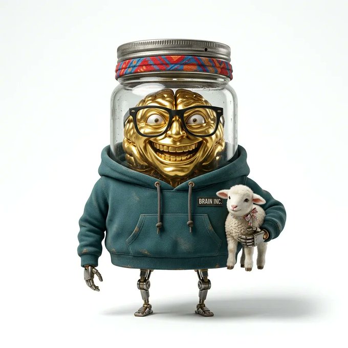 A whimsical 3D-rendered character features a golden smiling brain wearing glasses inside a glass jar for a head, dressed in a teal 'BRAIN INC.' hoodie with robotic legs and holding a small white lamb.