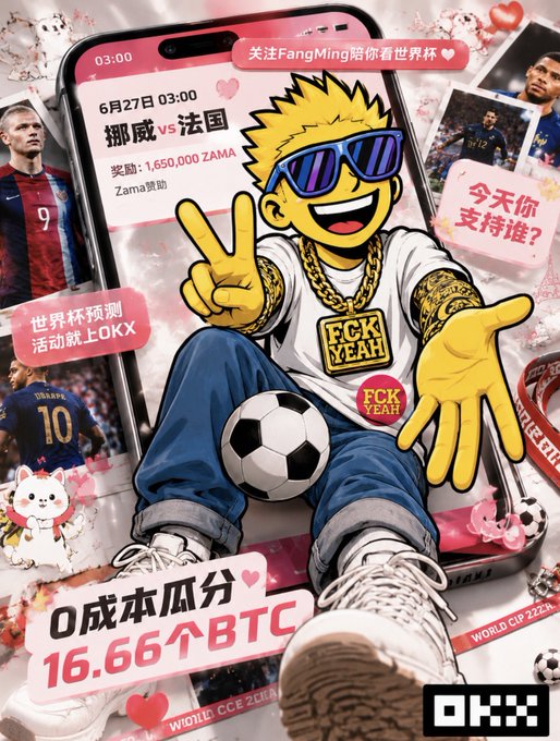 A vibrant promotional image for OKX's World Cup prediction event, featuring a stylized cartoon character with blonde hair and sunglasses making a peace sign, alongside a smartphone displaying the June 27 matchup between Norway and France with a prize pool of 1,650,000 ZAMA. The ad highlights free BTC rewards of up to 16.66 BTC, with stickers asking "今天你支持谁?" (Who do you support today?) and showing football players Mbappe and Haaland in the corners, tying into the post's enthusiasm for France winning the match.