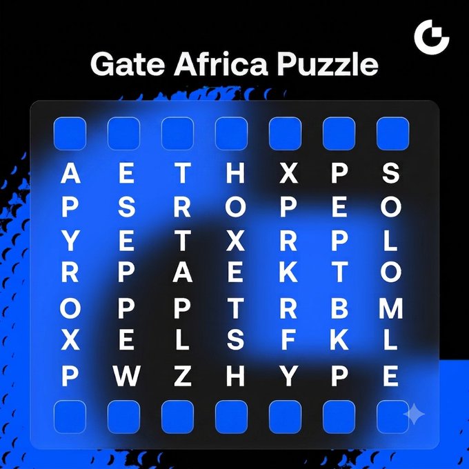 A promotional puzzle image titled "Gate Africa Puzzle" displays a blue-lit grid of letters on a dark background, asking participants to quickly find 6 hidden top tokens within the mini-grid. The challenge, hosted by Gate Africa, offers a $30 reward to 10 winners and requires users to follow the account, like, retweet, and comment their answers with specific hashtags to participate.