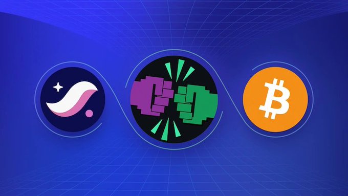 Three cryptocurrency logos displayed on a blue grid background: a pink and white swoosh logo, a purple and green pixel-art 'B' logo, and the orange Bitcoin (BTC) logo.