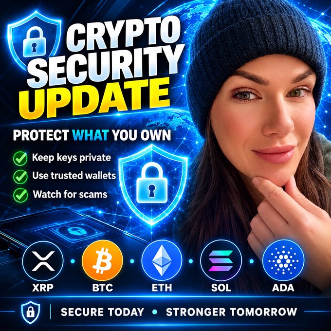 A 'CRYPTO SECURITY UPDATE' graphic featuring a woman in a blue beanie and tips to 'Keep keys private', 'Use trusted wallets', and 'Watch for scams', alongside logos for XRP, BTC, ETH, SOL, and ADA.