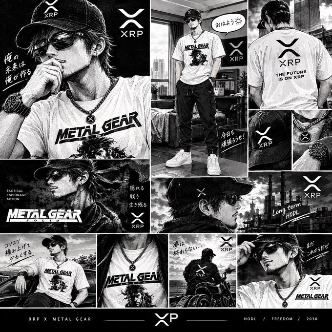 A black-and-white collage of promotional photos showing models wearing apparel branded with 'XRP' and 'METAL GEAR', featuring Japanese text and 'XRP X METAL GEAR'.