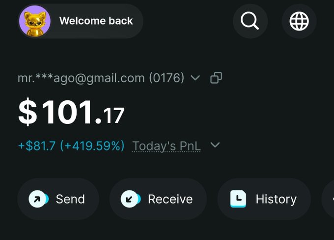 The image shows a crypto wallet dashboard displaying a balance of $101.17, with today's PnL showing a gain of +$81.7 (+419.59%) for the account mr.\*\*\*ago@gmail.com. This serves as proof of the gains referenced in the post offering to send $SOL to commenters who follow and retweet.