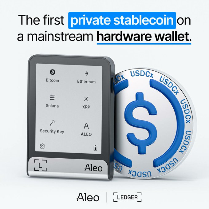 An advertisement for Aleo and Ledger showing a hardware wallet device alongside a stylized USDCx coin, with the headline 'The first private stablecoin on a mainstream hardware wallet.'