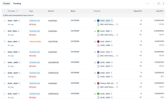 A blockchain transaction history page displays numerous failed ERC-4337 Entry transactions on Block 54378490, with all entries marked as "Failed" in red despite small ETH fees ($0.03-$0.36) being charged, supporting the post's acknowledgment of failed transactions on Robinhood Chain.