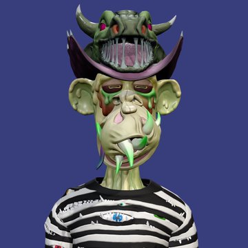 A 3D rendered character with green skin, sharp teeth, a striped shirt, and a small monster sitting on its head against a blue background.