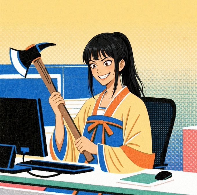 An anime-style illustration depicts a smiling girl in a yellow and orange traditional garment sitting at a desk with a computer, holding a pickaxe in her hand.