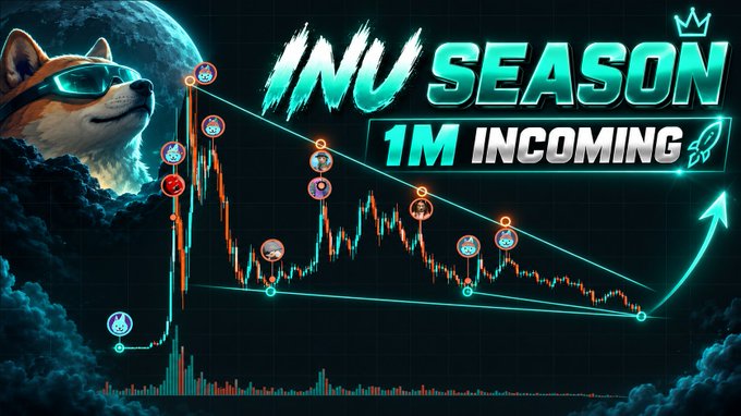 A meme graphic featuring a Shiba Inu dog wearing cyberpunk goggles, accompanied by the text 'INU SEASON 1M INCOMING' over a rising cryptocurrency candlestick chart.