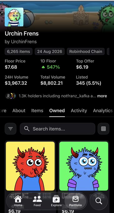 Mobile screenshot of the 'Urchin Frens' NFT collection by UrchinFrens on Robinhood Chain, showing 6,265 items with a floor price of $7.68 and two red/blue urchin character NFTs displayed.