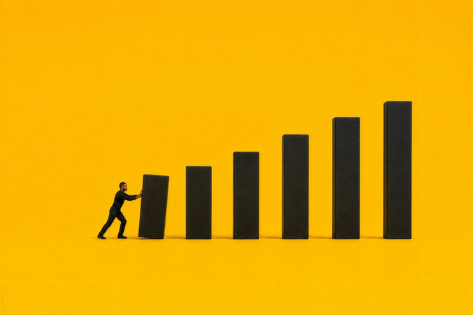 A small figure pushes against a series of progressively taller black bars against a bright yellow background, symbolizing the uphill climb of progress and growth.

The image visually reinforces the "Make today count" message—each taller bar represents a milestone or level of achievement, suggesting that small, consistent efforts (like the figure pushing) build momentum toward greater success.