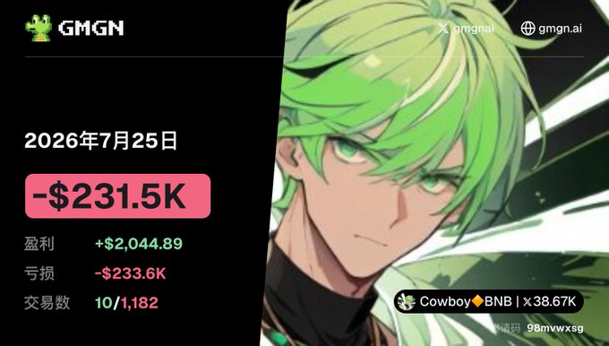 The image shows a GMGN trading dashboard dated July 25, 2026, displaying a devastating loss of -$231.5K with a profitable trade of +$2,044.89 and a loss of -$233.6K across 10 out of 1,182 transactions on the "Cowboy BNB" token, all set against an anime character with green hair—visually amplifying the post's emotional distress over losing 23万 on BSC in a single day.