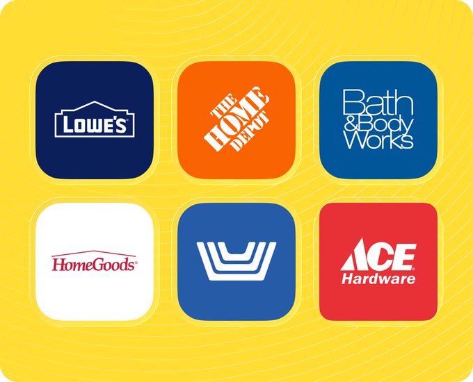 A grid of six retail brand logos on a yellow background, including Lowe's, The Home Depot, Bath & Body Works, HomeGoods, an unlabeled blue app icon, and Ace Hardware.