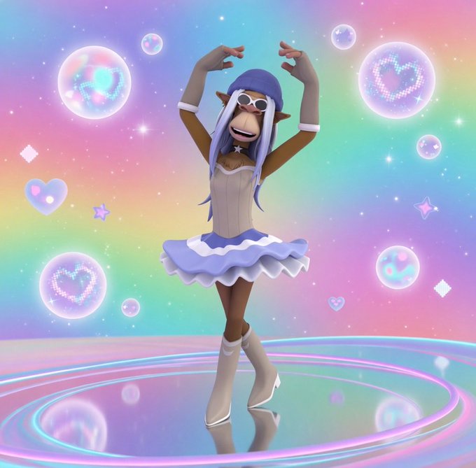 In the image, there's a cartoon character wearing a blue hat and a white dress with blue ruffles, dancing on a stage surrounded by colorful bubbles and stars. The character appears to be playing a game or participating in an event within the virtual world of @OthersideMeta.