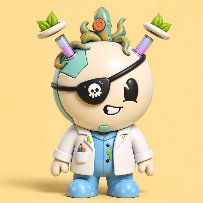 A 3D-rendered cartoon character dressed as a mad scientist wears a white lab coat and a skull-and-crossbones eyepatch, with a brain-like creature emerging from its head and two test tubes containing purple liquid attached to its temples.