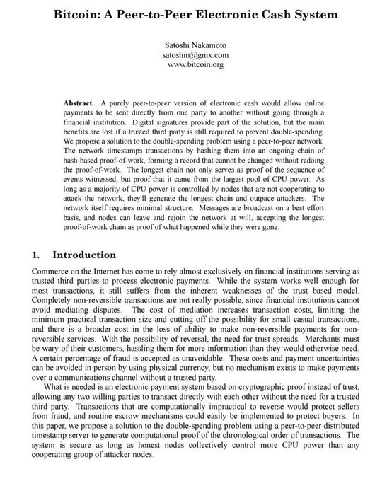 The image shows the first page of Satoshi Nakamoto's famous 2008 white paper titled "Bitcoin: A Peer-to-Peer Electronic Cash System," published under the pseudonym satoshi@gmx.com and hosted at www.bitcoin.org. The page displays the paper's abstract and the beginning of the introduction, which outlines the proposal for a decentralized digital currency system using peer-to-peer networking and proof-of-work to solve the double-spending problem—directly illustrating the "9 pages that changed our lives" referenced in the post, as this document laid the foundation for the Bitcoin revolution and the broader cryptocurrency movement.