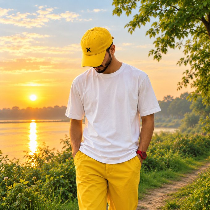 A man in a yellow cap, white t-shirt, and yellow pants walks along a lakeside path at sunset.