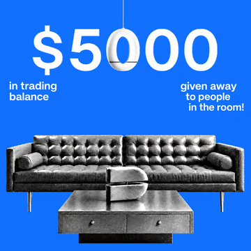 A graphic with blue background showing '$5000 in trading balance given away to people in the room!' with an illustration of a gray tufted sofa and coffee table.