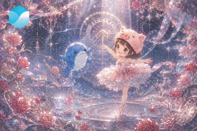 The image features a girl wearing a pink tutu, dancing with a pig hat on her head. The background of the image includes flowers and clocks, creating an enchanting atmosphere. The caption for the image reads "TermMax @TermMaxFi 给我的感觉就像这样一个认真做功课的小家伙。借贷到期后，可以直接买 FT".