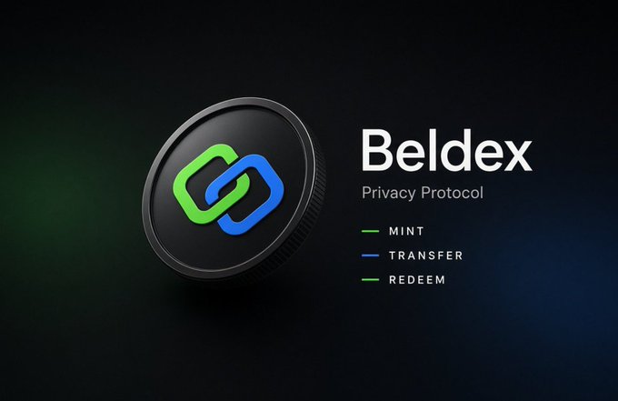 A promotional graphic for 'Beldex Privacy Protocol' featuring a metallic coin logo with green and blue chain links, listing 'MINT', 'TRANSFER', and 'REDEEM'.