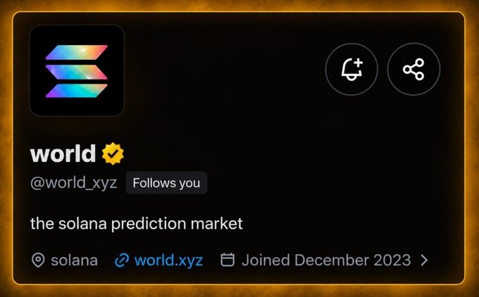 A profile page for 'world' (@world_xyz) on a crypto platform, described as 'the solana prediction market,' with a Solana logo and 'Joined December 2023'.