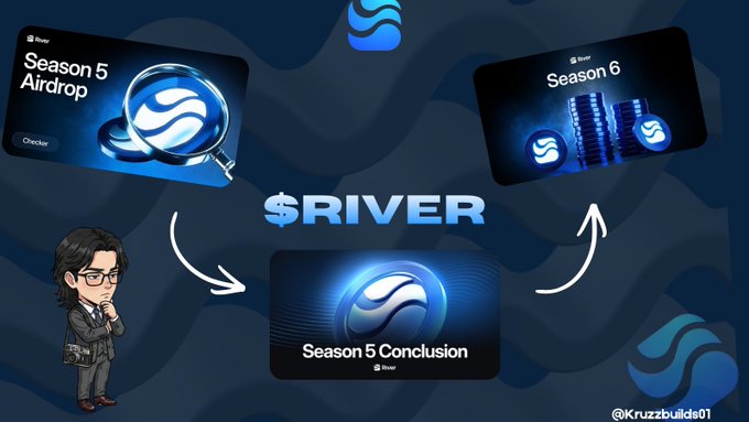 A promotional graphic for $RIVER cryptocurrency showing 'Season 5 Airdrop,' 'Season 5 Conclusion,' and 'Season 6' panels with a cartoon character, watermarked @Kruzzbuilds01.