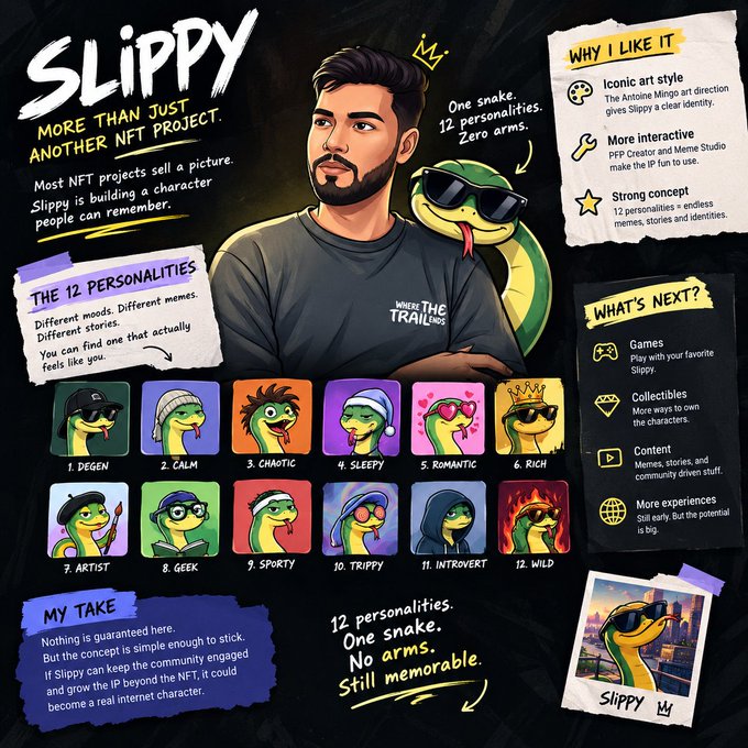 Promotional graphic for 'Slippy' NFT project featuring 12 snake character personalities (Degen, Calm, Chaotic, Sleepy, Romantic, Rich, Artist, Geek, Sporty, Trippy, Introvert, Wild) with a man wearing a 'Where the Trail Ends' shirt and a snake with sunglasses.