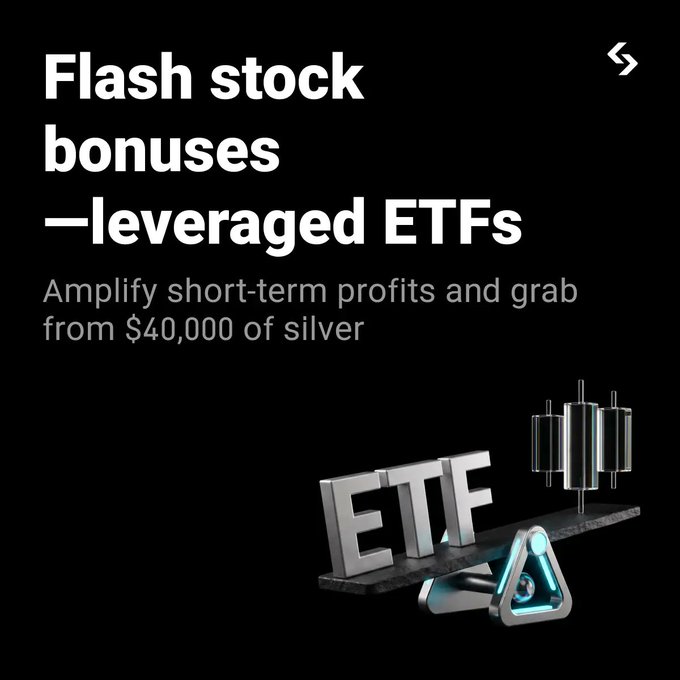 The image is a promotional graphic with a black background featuring the white headline "Flash stock bonuses—leveraged ETFs" and the subtext "Amplify short-term profits and grab from $40,000 of silver," accompanied by a 3D rendering of metallic "ETF" letters alongside a candlestick chart and a triangular trading icon. It visually reinforces the accompanying post's announcement of a Bitget tokenized stock promotion offering $40,000 in Silver ETF rewards and up to 50 rSLV in bonuses.