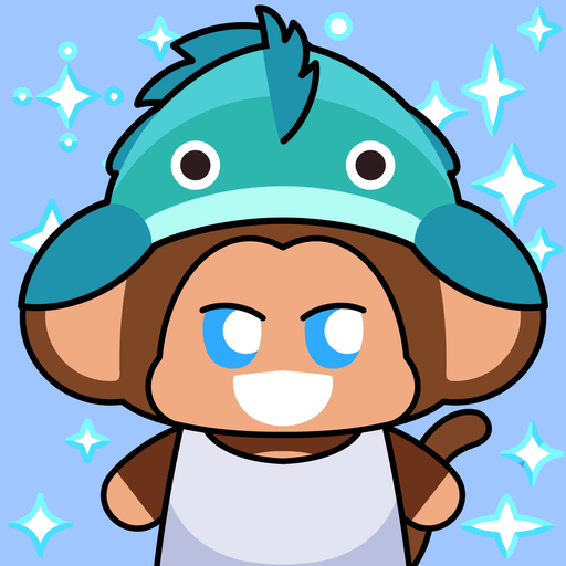 A cartoon monkey character wearing a teal fish hat smiles against a sparkly blue background.