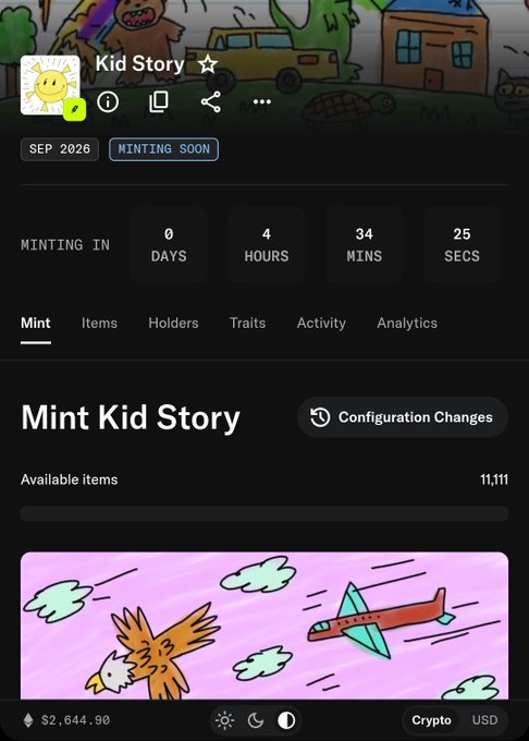 An NFT minting page for 'Kid Story' (SEP 2026, MINTING SOON) showing a countdown of 0 days, 4 hours, 34 mins, 25 secs, with 11,111 available items priced at $2,644.90 USD.