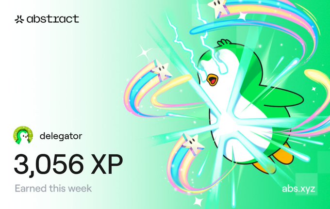 The image features a cartoon penguin with a rainbow background and stars surrounding it. Below the penguin, there's text that reads "I just earned 3,056 XP on @AbstractChain for contributing to the ecosystem Every action counts, every contribution adds up The early builders and active community members are positioning themselves for what's ahead What'S your XP looking like?".