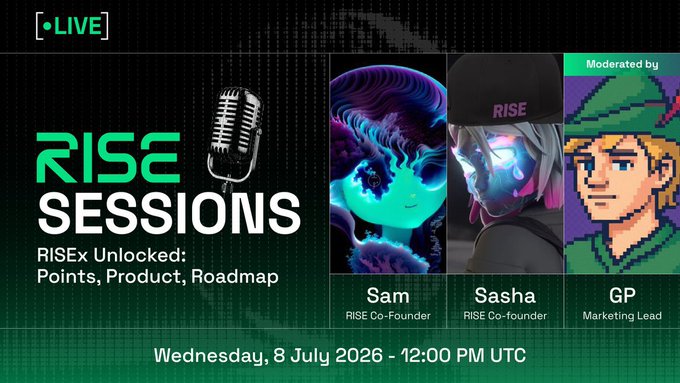 A promotional graphic for 'RISE SESSIONS' live event titled 'RISE x Unlocked: Points, Product, Roadmap,' moderated by GP and featuring Sam and Sasha (RISE Co-Founders), scheduled for Wednesday, 8 July 2026 at 12:00 PM UTC.