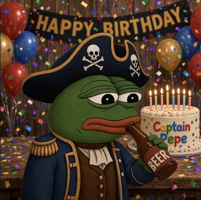 The image shows the Pepe the Frog meme dressed as a pirate captain, sipping beer next to a birthday cake labeled "Captain Pepe" with lit candles, beneath a "HAPPY BIRTHDAY" banner surrounded by balloons and confetti. This festive scene captures the celebratory spirit of the author's birthday milestone, marking a year filled with personal triumphs like a new daughter and an exciting role at Cysic.