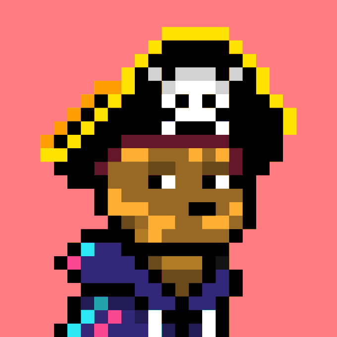 A pixel art character with a skull hat, dark hair, and a purple and blue outfit against a pink background.