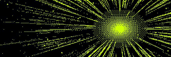 A bright yellow light burst radiates outward against a black background, creating an energetic, tunnel-like pattern.