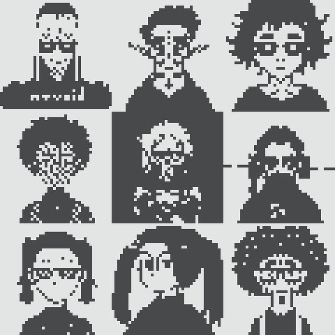 Nine pixel-art character portraits arranged in a 3x3 grid, each rendered in stark black-and-white blocky style with distinct hairstyles and shadowy facial features, fitting the "Normies" NFT project's gritty, minimalist aesthetic.

One figure in the center stands out, wearing what appears to be a hoodie and possibly a gas mask or face covering, which likely represents the featured "21 ZOMBIES" collection referenced in the post's tagline.