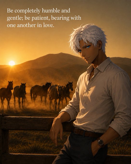 An anime-style illustration of a young man with white hair and blue eyes standing by a wooden fence at sunset with horses in the background, overlaid with the Bible verse: 'Be completely humble and gentle; be patient, bearing with one another in love.'