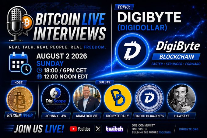 Promotional flyer for 'BITCOIN LIVE INTERVIEWS' on August 2, 2026, featuring host BITCOINLIVEDR and guests Johnny Law, Adam Ogilvie, Digibyte Daily, DigiDollar Awareness, and Hawkeye discussing the Digibyte blockchain and DigiDollar.