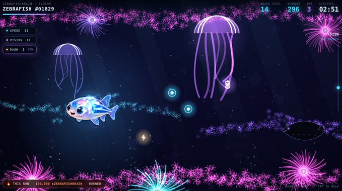 A screenshot of the indie game 'Zebrafisch' showing a glowing blue fish swimming underwater among neon purple jellyfish and coral-like flora, with player stats displayed at the top.