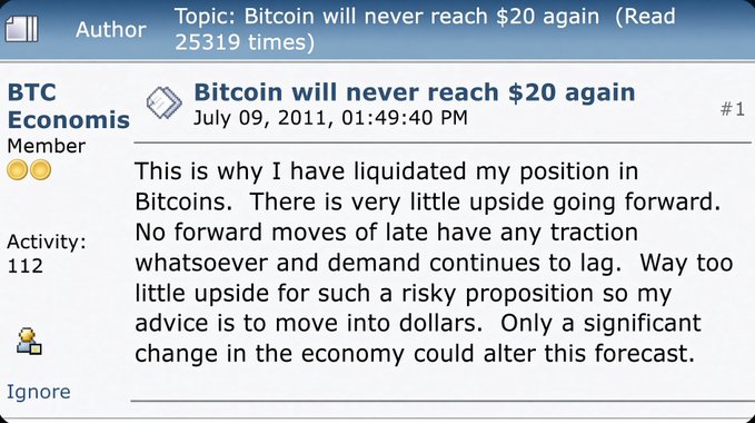 A forum post from BTC Economics dated July 09, 2011, boldly declaring "Bitcoin will never reach $20 again" and advising others to liquidate their positions and move into dollars, humorously mirroring the post's sentiment about MSTR never reaching $200 again.