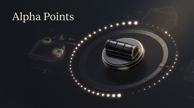 A promotional graphic titled 'Alpha Points' featuring a sleek black and gold circular token or button with a glowing ring of dots, set against a dark background with faint UI elements.