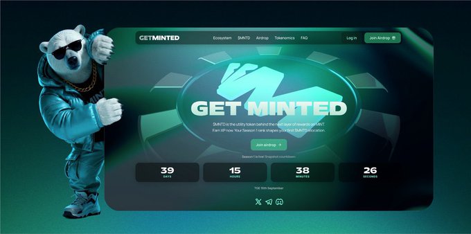 The image shows the "GETMINTED" website interface featuring a bear mascot in sunglasses and streetwear, with a tagline reading "Get Minted" and statistics showing 39 Days, 15 Hours, 38 Minutes, and 26 Seconds remaining until 120,130s impressions are reached.

The image relates to the post by illustrating the PlayOnMint Season 1 dashboard where players can track their XP and leaderboard standings, tying into the post's focus on how gameplay sessions translate into meaningful XP and leaderboard competition.