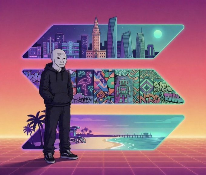 The image features a man standing next to a city skyline, with buildings of various sizes and colors. The man appears to be wearing a black hoodie and has his hands in his pockets. The background includes neon-colored shapes that resemble different cities around the world, creating an artistic and surreal atmosphere. The post is titled "$wojak 24/7 365 8J69 BILLIONS" which suggests it might be related to a business or project involving travel, tourism, or real estate.