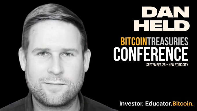 Promotional graphic for Dan Held's appearance at the Bitcoin Treasuries Conference on September 28 in New York City, identifying him as an 'Investor, Educator, Bitcoin.'