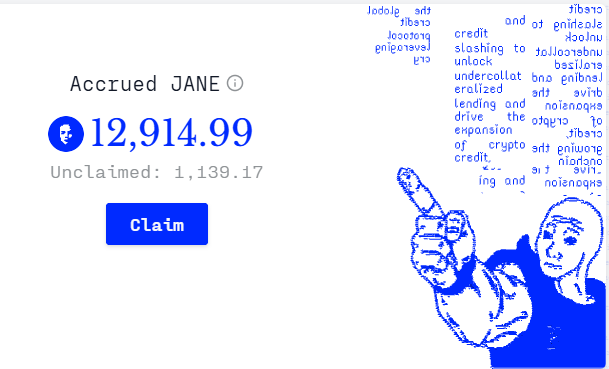 A webpage showing accrued JANE tokens totaling 12,914.99 with 1,139.17 unclaimed, a 'Claim' button, and an illustration of a person pointing upward with crypto-related text.