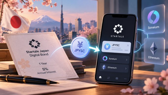 A promotional graphic for 'Startale Japan Digital Bond' showing a 1-year 5% annual interest bond with JP YSC, Soneium, and Ethereum logos, set against a Tokyo skyline with Mt. Fuji.