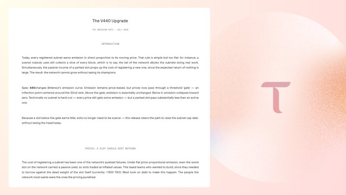 A webpage or article titled "The V440 Upgrade" discussing Solana network emission curves and protocol changes, set against a pink and orange gradient background with a 'T' logo.