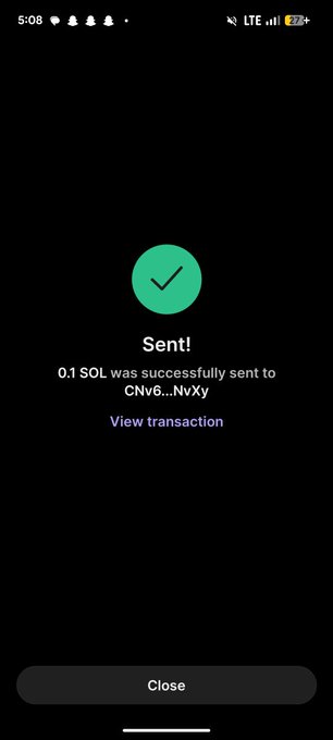 A mobile phone screen displays a successful cryptocurrency transaction confirmation showing "0.1 SOL was successfully sent to CNv6...NvXy" with a green checkmark. This relates to the $MONA airdrop post, where a user has sent the required 0.1 SOL to qualify for the token allocation.
