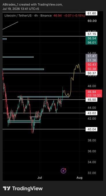 A TradingView 4-hour candlestick chart of Litecoin/TetherUS (LTCUSDT) on Binance shows the price hovering around 46.94, with multiple horizontal resistance zones marked between 42-61.60 and a notable upward spike suggesting momentum building toward the key $50 level—visually reinforcing the post's cautiously optimistic outlook on a potential breakout.